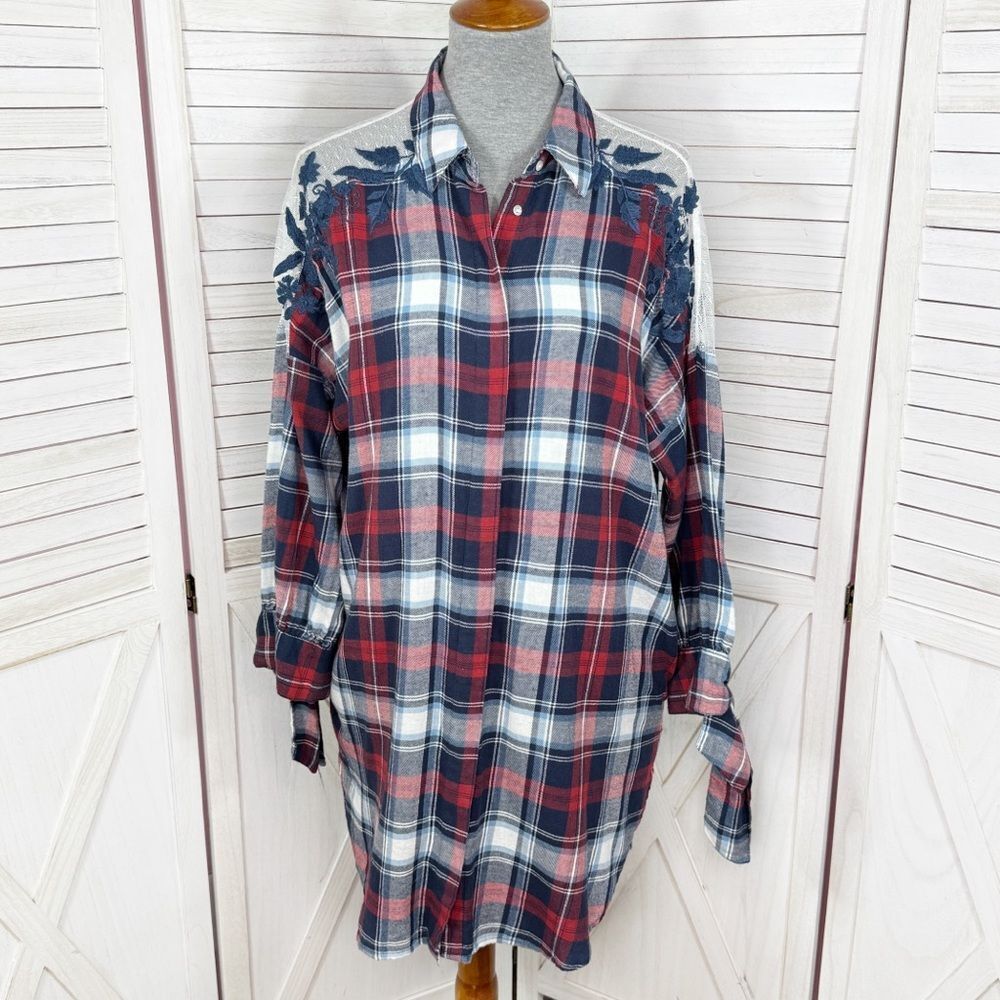 Zara Plaid Flannel‎ Embroidered Lace Shoulder Mini Shirt Dress Blue Red Large